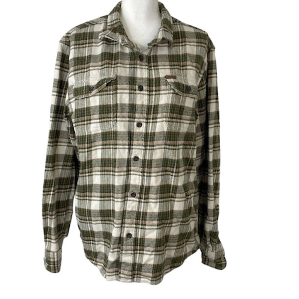 Orvis Green Cream Plaid Flannel Button Down Shirt Hand Warner pockets #1312517
